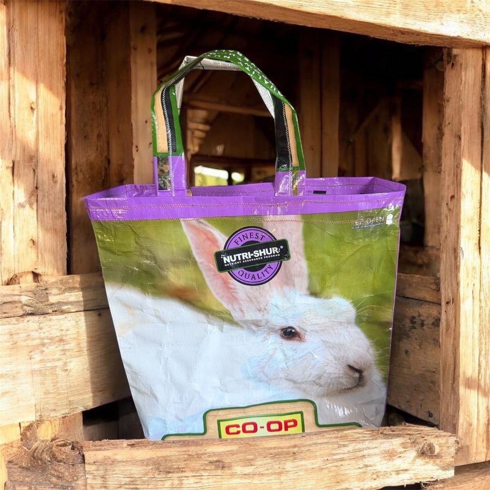 Nutri-Shur Co-Op Recycled Feed Sack Tote - White & Green with Purple Trim